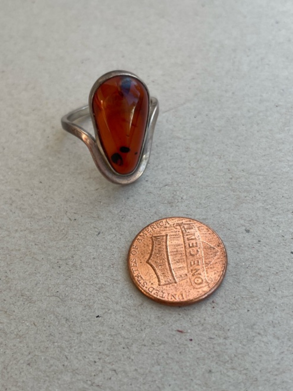 Amber Teardrop Sterling Ring - Orange Stone
